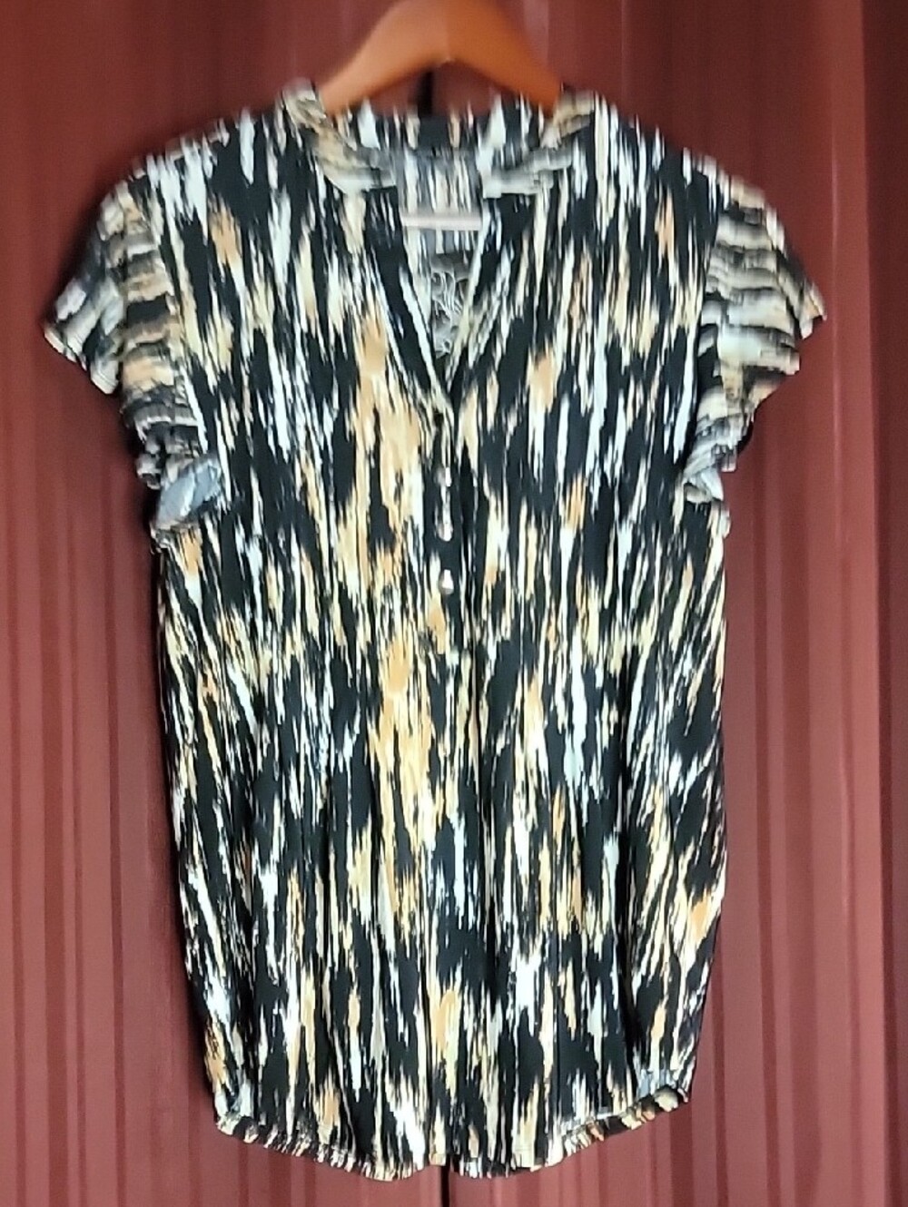 Women’s Abstract Print Short-Sleeve Blouse - Green/Tan